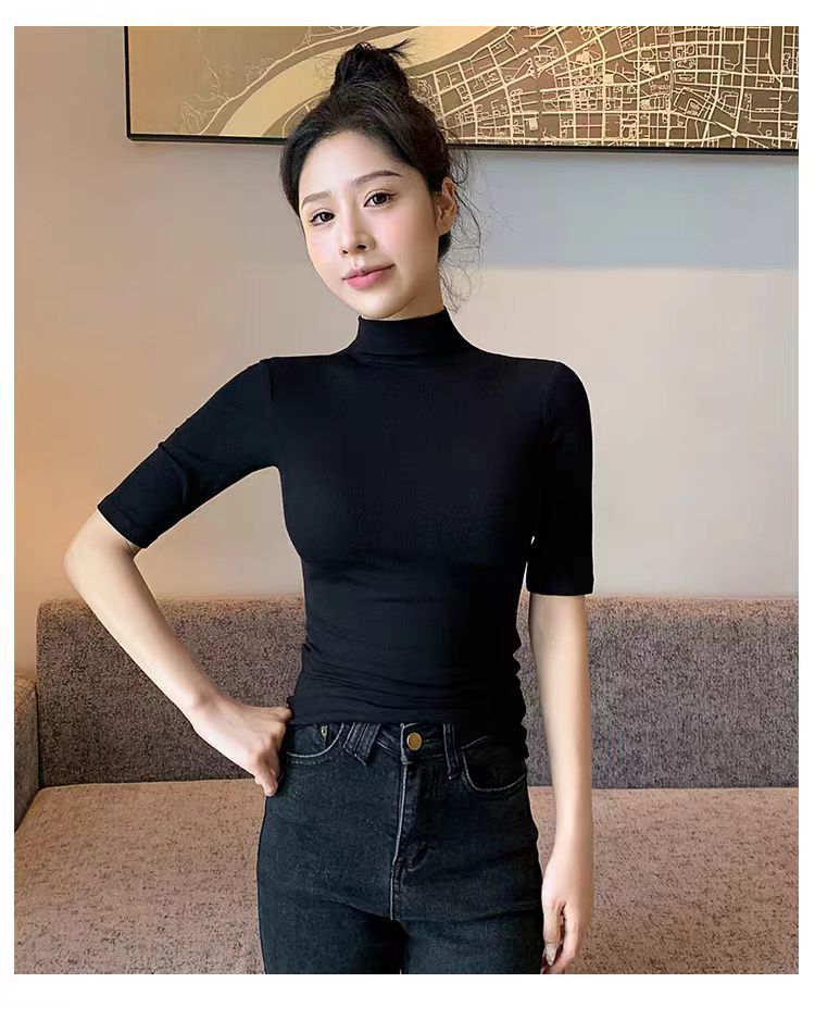 2024新款秋冬小立领短袖T恤女早秋新款韩版修身半高领五分袖纯色详情12
