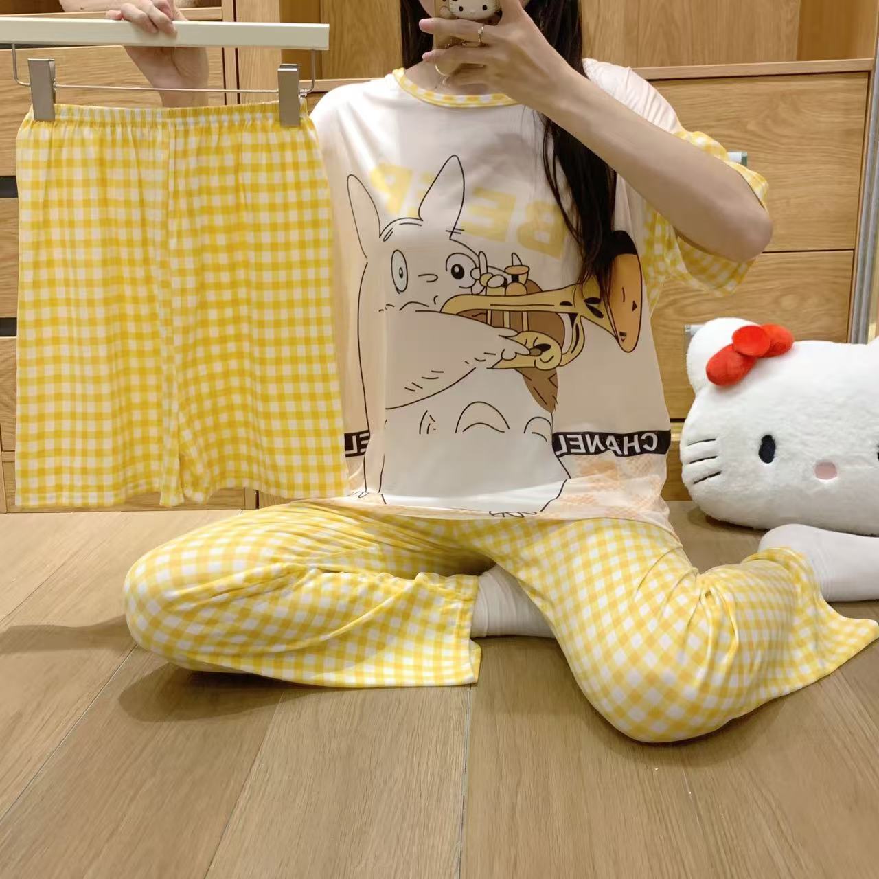 pajamas外贸工厂批发卡通夏季睡衣女短袖大码长裤三件套家居套装详情24