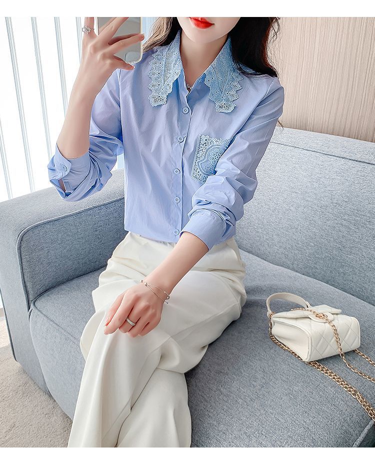 春秋季2025年新款女装时尚减龄纯棉衬衫女洋气全棉蕾丝领休闲上衣详情1