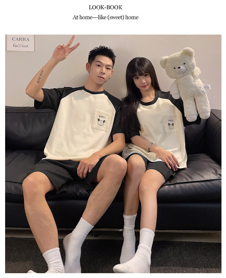 Spring and summer couple short-sleeved pajamas, women with chest pads, cartoon student home wear sets, shorts, stripes, 2025 pic 15