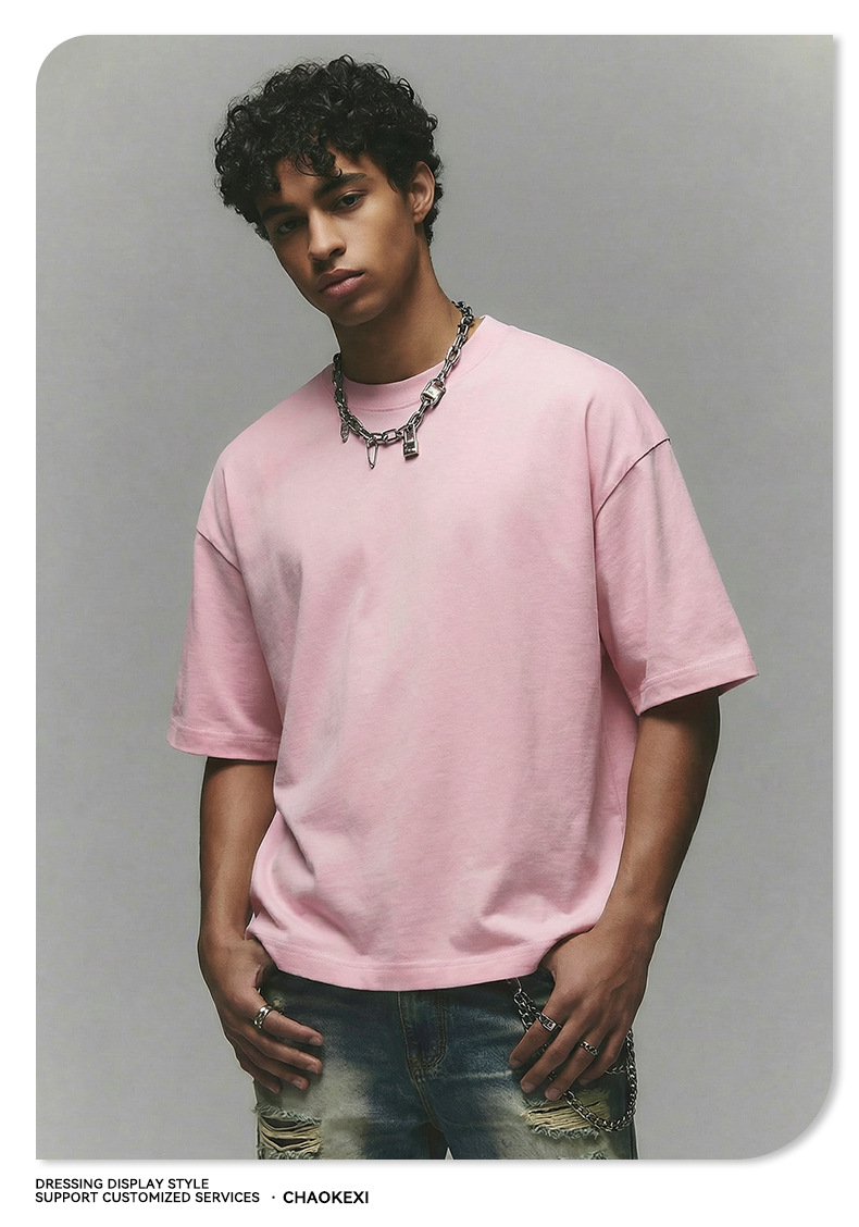 New pure cotton American-style solid-color youth T-shirt for men, 280g washed and aged trendy short-sleeved top custom-made pic 19