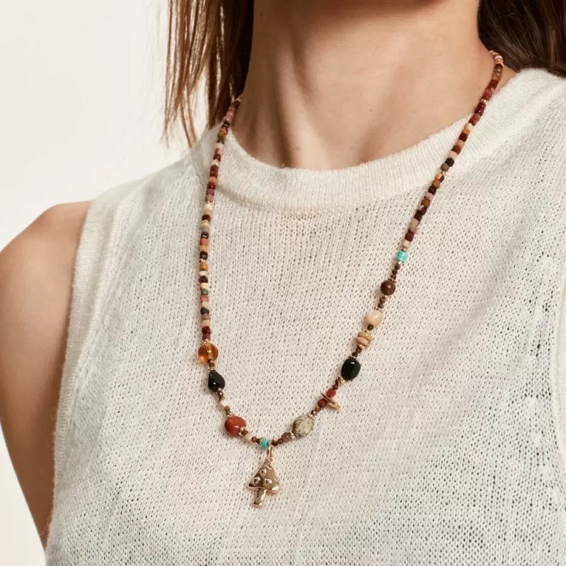 春夏新款日出蘑菇天然石彩色串珠项链小众设计叠戴复古毛衣锁骨链详情1