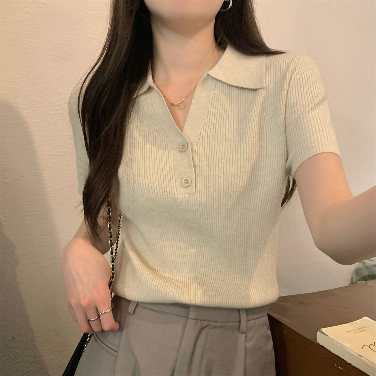 韩系坑条针织T恤夏季修身显瘦polo翻领正肩短袖女上衣气质打底衫详情19
