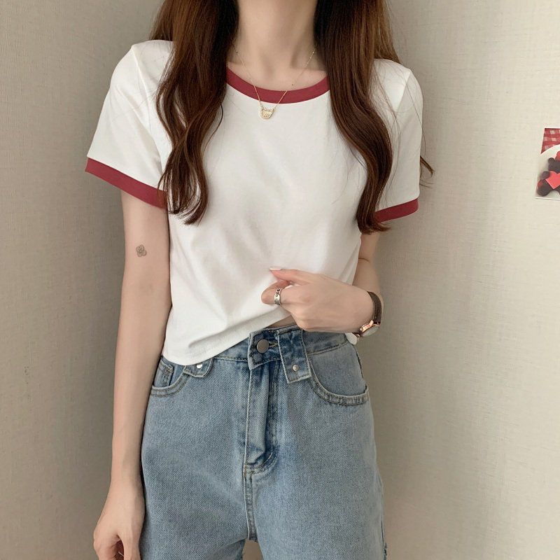 撞色圆领短袖t恤女2024年新款夏季打底衫韩版修身短款学生上衣潮详情15