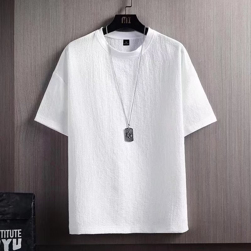 Thin short-sleeved T-shirt for men, new summer style, half-sleeved shirt, cotton and linen solid color loose base layer, white five-quarter sleeve pic 12