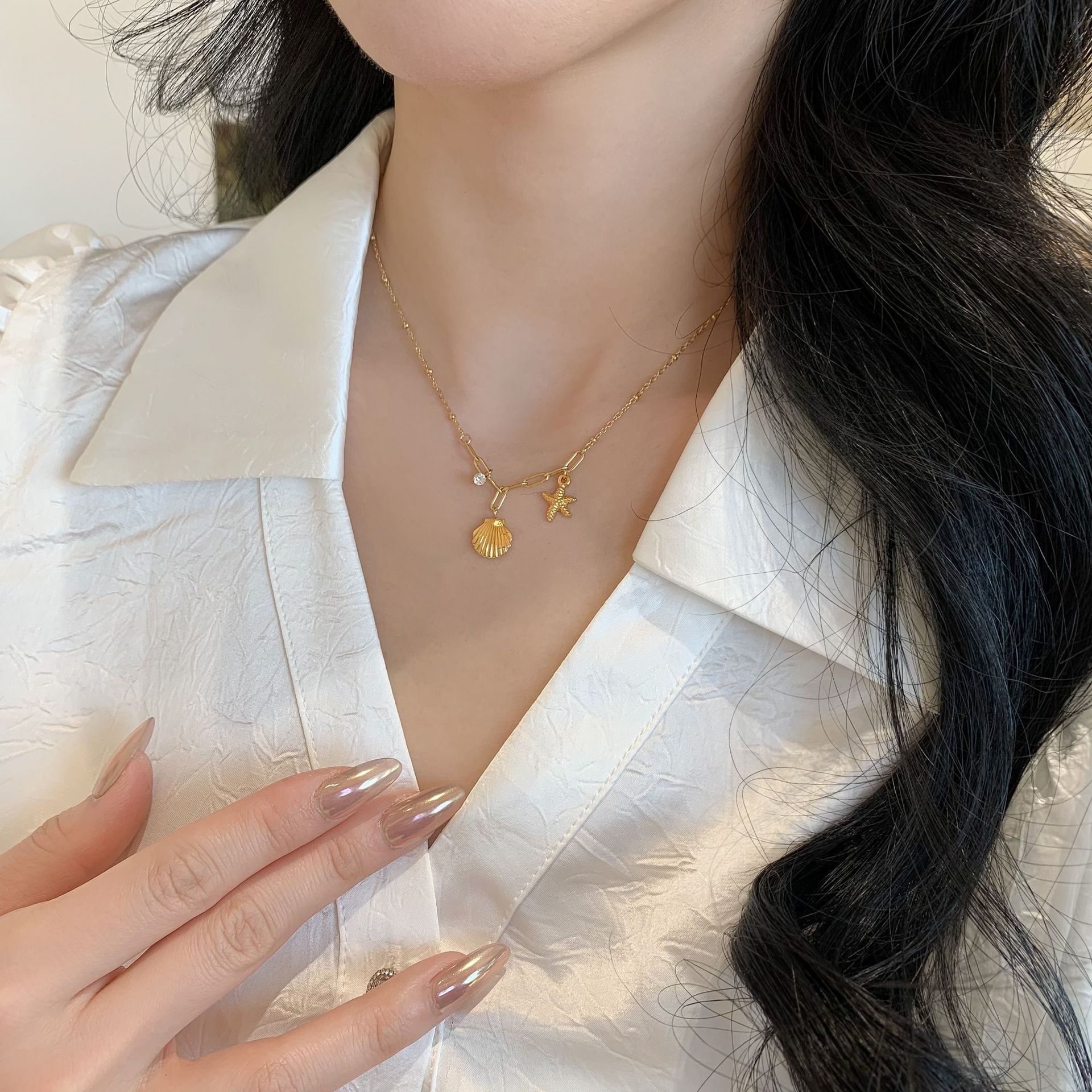 钛钢不掉色海星贝壳吊坠项链女金色小众轻奢高级感不锈钢锁骨链新详情4