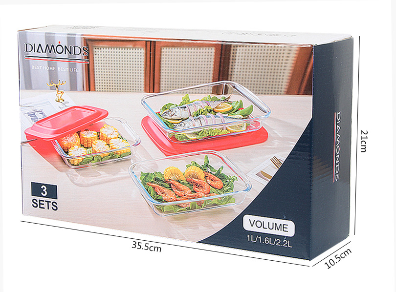 Wholesale of three-piece rectangular heat-resistant glass baking trays with LIDS for home kitchen steaming and roasting fish plates and tableware pic 2