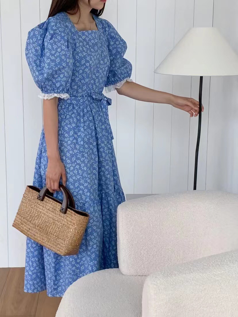 韩国东大门2023夏季新款时尚碎花蕾丝拼接圆领长款休闲连衣裙女详情4