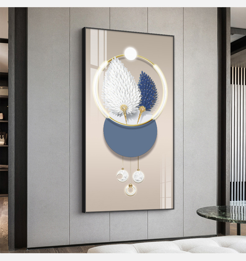 Feather entrance hall decorative painting, modern light luxury living room corridor corridor mural, vertical panel entrance background wall hanging painting pic 9