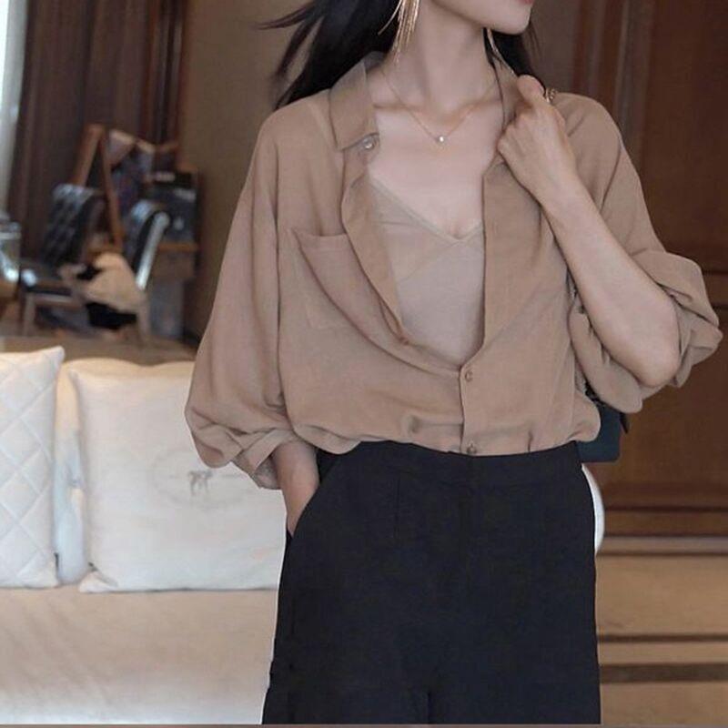 设计感灯笼袖衬衫女夏季新款韩版五分袖上衣复古宽松雪纺衬衣详情13