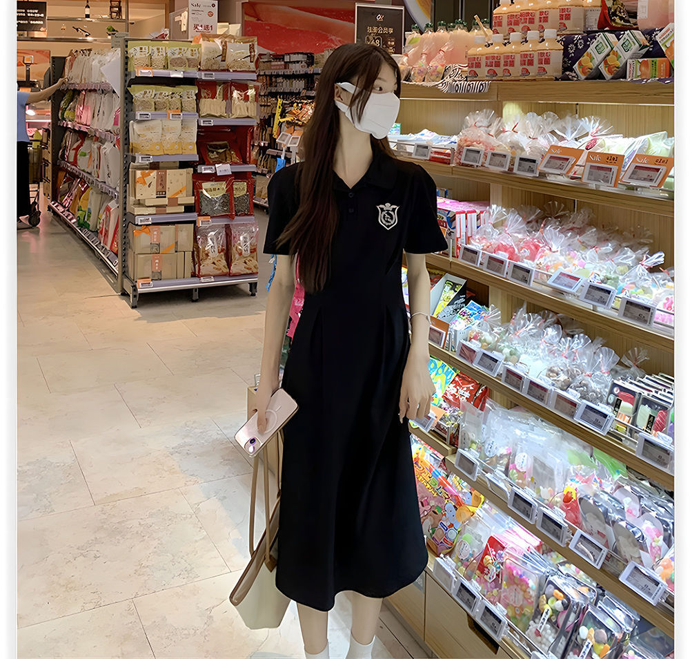夏季POLO领短袖连衣裙女收腰显瘦过膝长裙学院风中长款休闲A字裙详情24