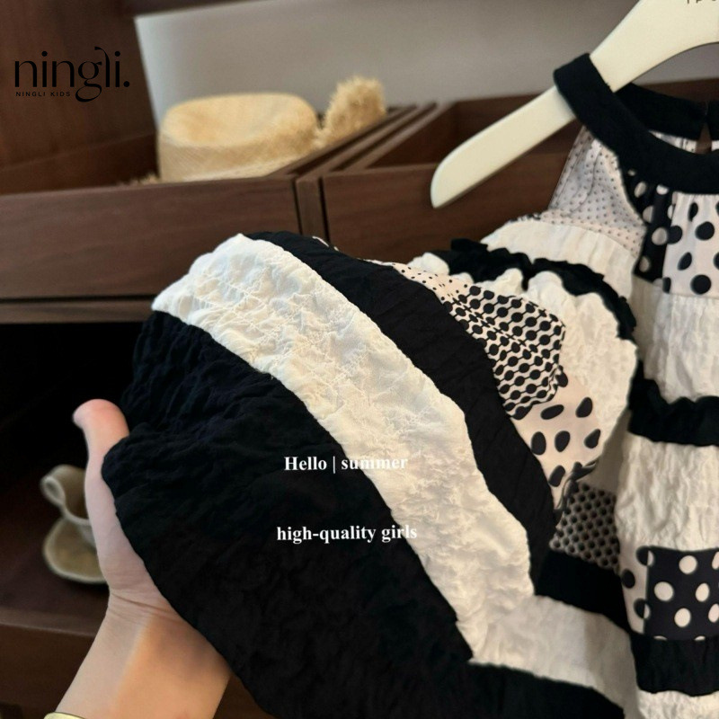 柠里女童吊带裙夏装小女孩时髦拼色波点挂脖背心裙洋气儿童连衣裙详情10