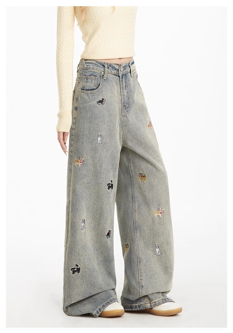 Light-colored high-waisted straight-leg jeans for women, 2025 new embroidered American retro washed wide-leg loose floor-length pants pic 7