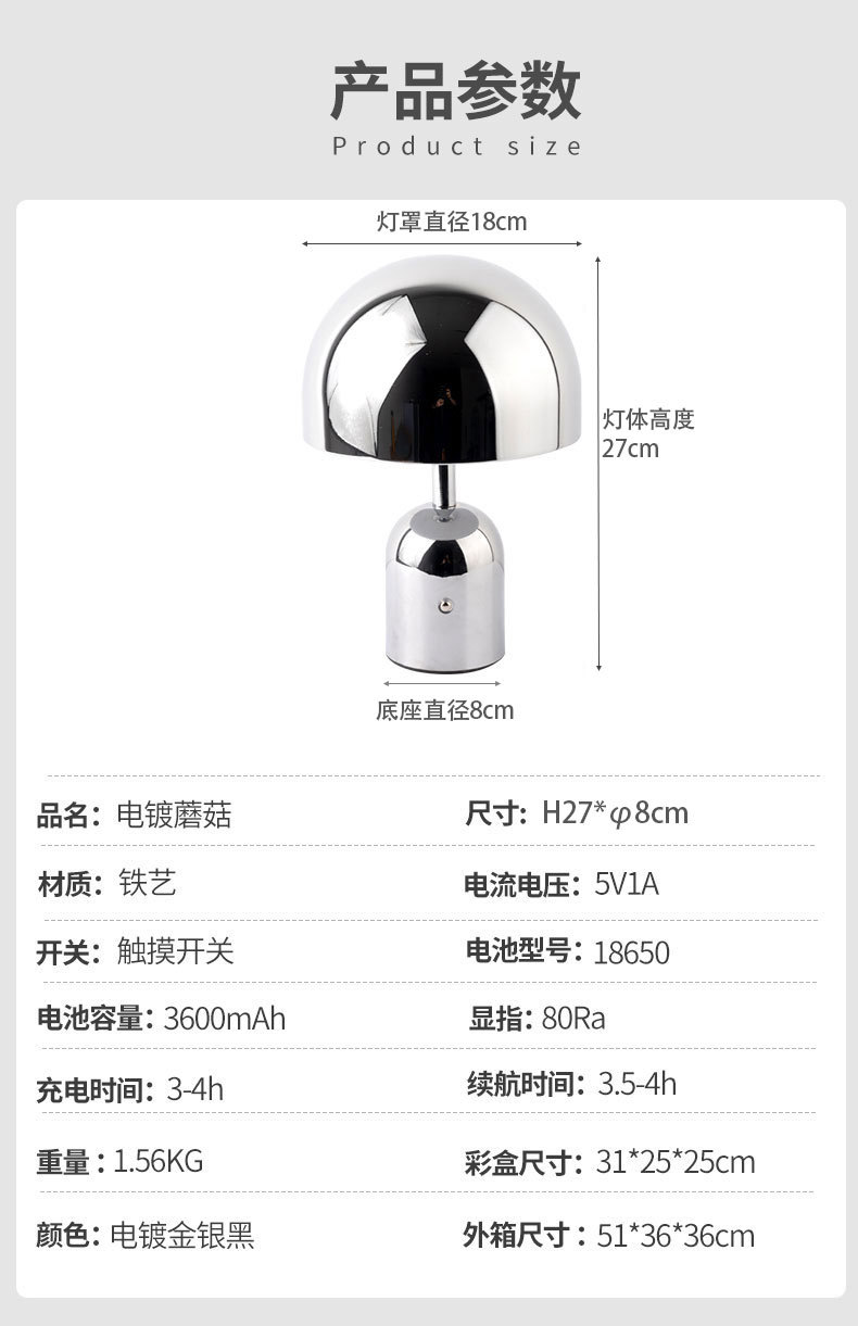 跨境LED古风摆件台灯客厅卧室复古氛围灯床头充电金属蘑菇小夜灯详情1