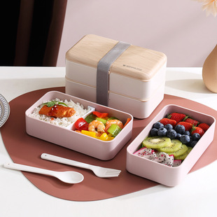Japanese-style bamboo and wood lid double-layer plastic lunch box, microwave portable lunch box set, student and office worker lunch box pic 15