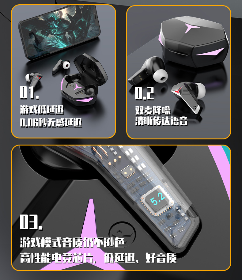 The T33 N35 wireless gaming Bluetooth headphones feature a dual-ear neon design, dual-mode touch control, and an ultra-long battery life for gaming pic 2