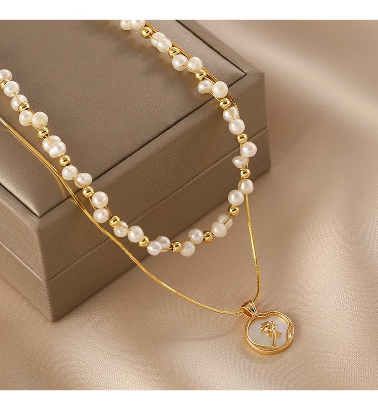 淡水珍珠双层叠戴链滴油玫瑰花项链交叉编织小颗粒淡水珍珠锁骨链详情8