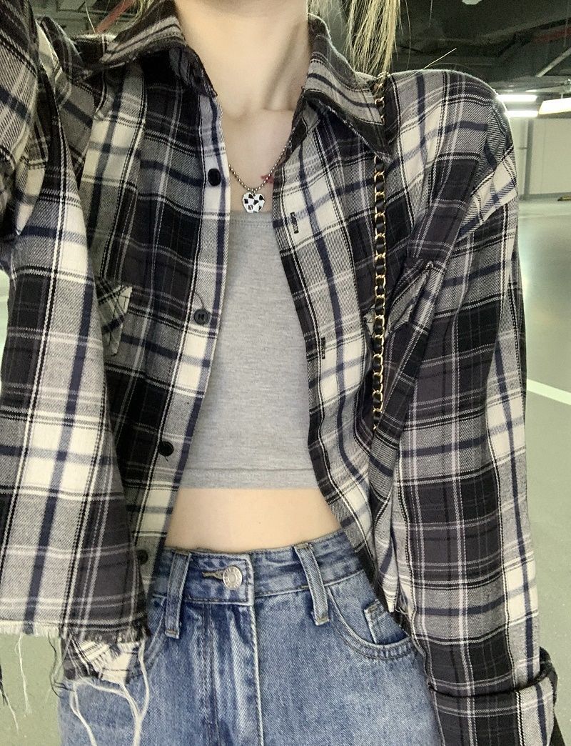 慵懒雅痞调调衬衫须须边短款格子衬衫女夏秋韩版宽松长袖衬衣女详情7