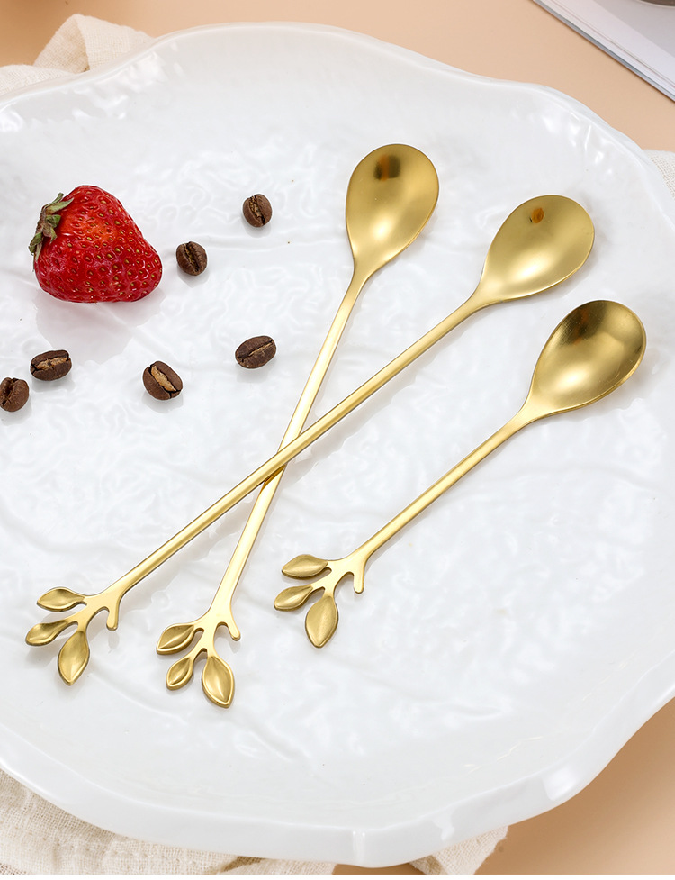 不锈钢树叶勺子创意水果叉欧式金树叶勺小咖啡勺搅拌勺甜品勺礼品详情10