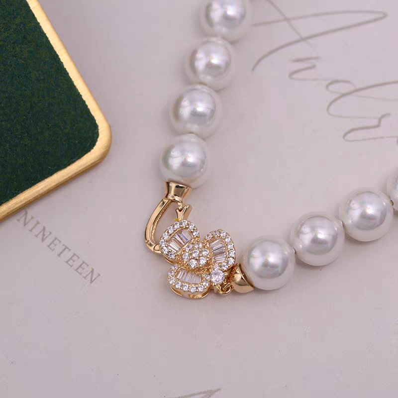 Micro-inlaid T-shaped zircon 18K gold-plated color retention double-ring pearl buckle bracelet, sweater necklace, camellia diy accessory matching pic 3