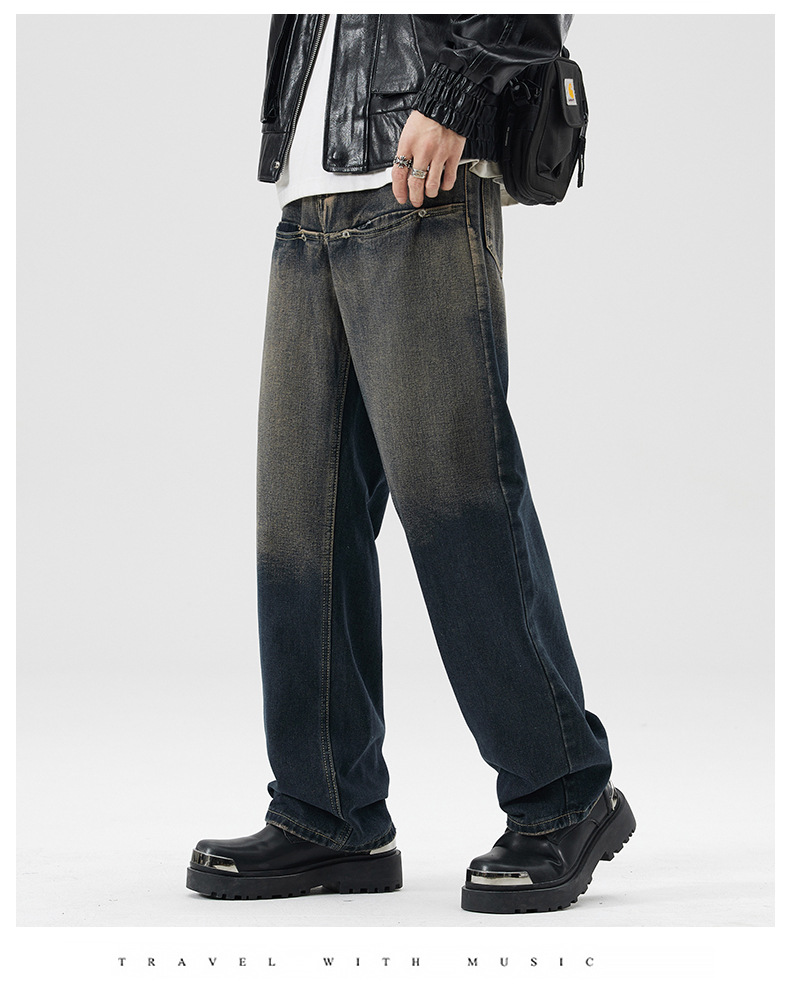 春季怀旧美式高街复古牛仔裤男士潮牌宽松直筒个性设计感做旧裤子详情13