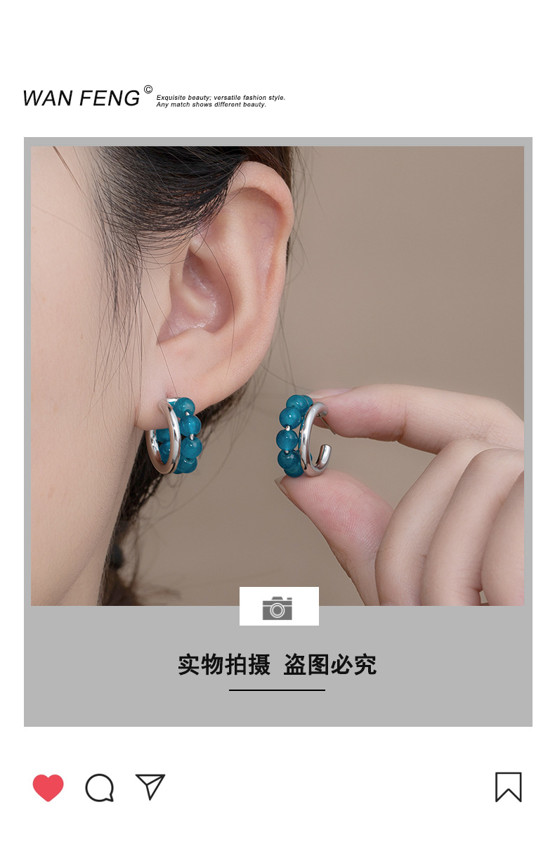 Retro ins style, niche, fair and high-end, versatile earrings, Caucasian green double-ring natural stone beaded earrings for women pic 25