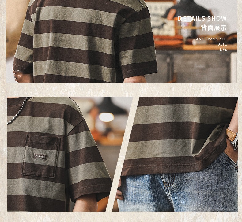 32支双纱平纹纯棉T恤男短袖夏季美式复古重磅宽松大码条纹男体恤详情8