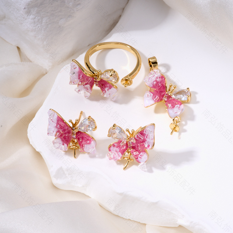 Pearl ring, earneedle pendant, three-piece set, empty stand, butterfly oil-dripping crystal, DIY light luxury, high quality Yiwu supply pic 7