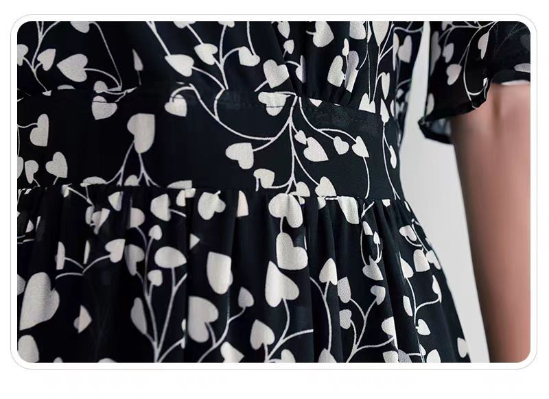 New summer dress for women, black knee-length floral chiffon, V-neck dress, fairy-like, super fairy-like and forest-like style pic 18
