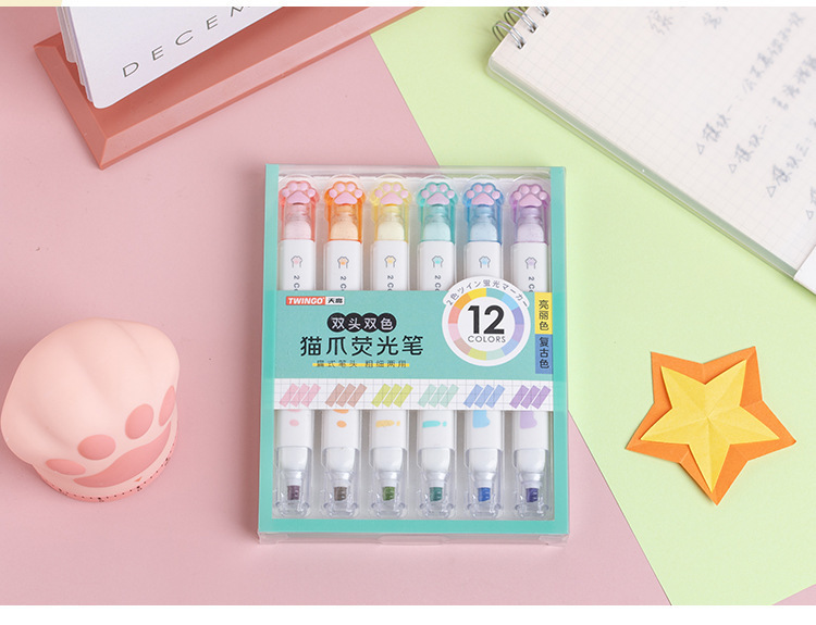 猫爪荧光笔标记笔学生用彩色划重点彩笔做笔记专用手账笔莫兰迪色详情3