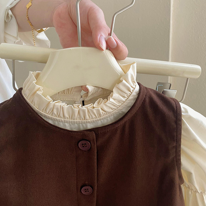 女童2025春秋季新款可爱时尚三件套打底衫单排扣上衣长裤套装外贸详情4