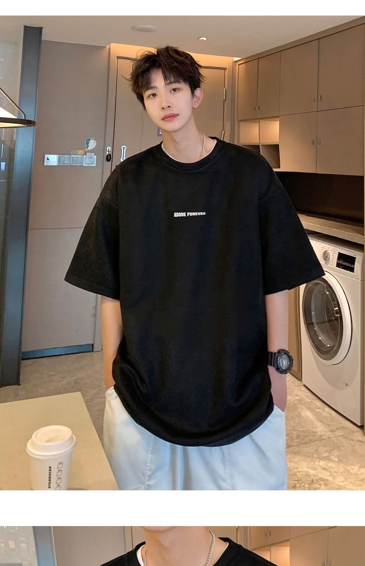 Avocado Green 320g heavyweight T-shirt for men, American retro suede short-sleeved, oversized small collar, three-quarter sleeve pic 13