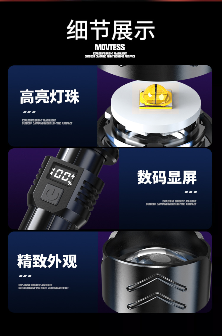 Cross-border flashlight, telescopic zoom flashlight, battery level display, long-lasting battery life, ultra-bright P50 zoom wholesale, USB charging pic 12