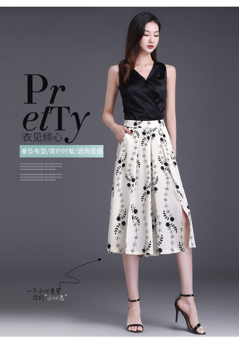 Black and white printed caprix pants for women, summer thin chiffon split skirt pants, loose casual pants, high-end ice silk wide-leg pants pic 2