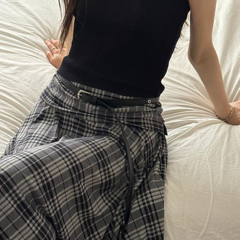 美式复古撞色格纹不规则半身裙女2024新款褶皱高腰显瘦A字中长裙详情6