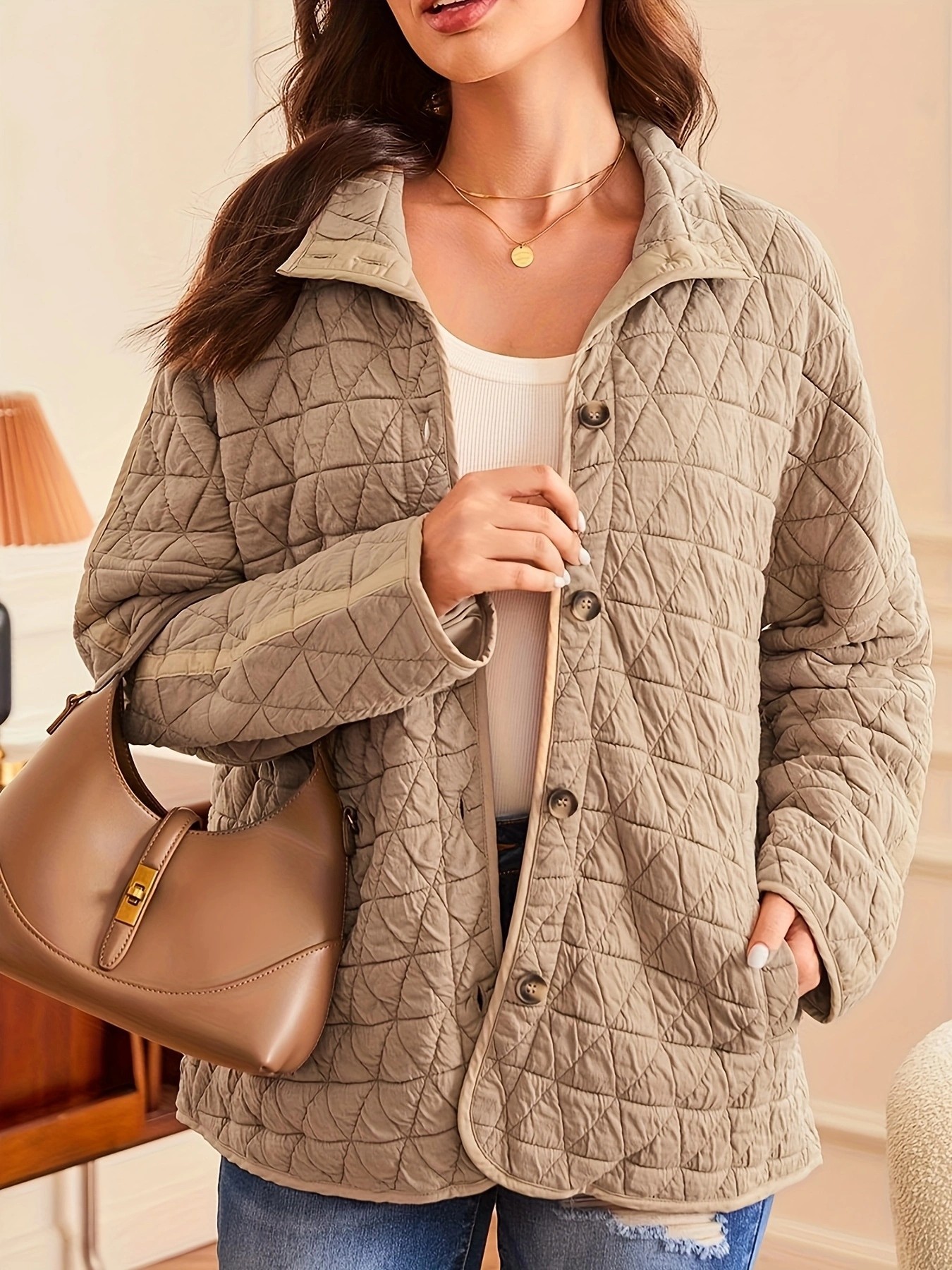 Cross-border cross-border foreign trade wholesale 2025 autumn/Winter new style European and American style quilted thread decorated simple solid color round neck loose cotton-padded jacket pic 23