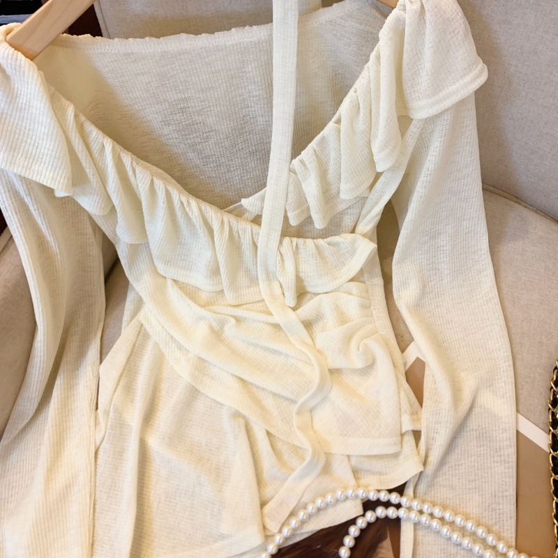 实拍~纯欲甜美荷叶边飘带一字肩收腰褶皱天丝上衣不规则衬衫详情12