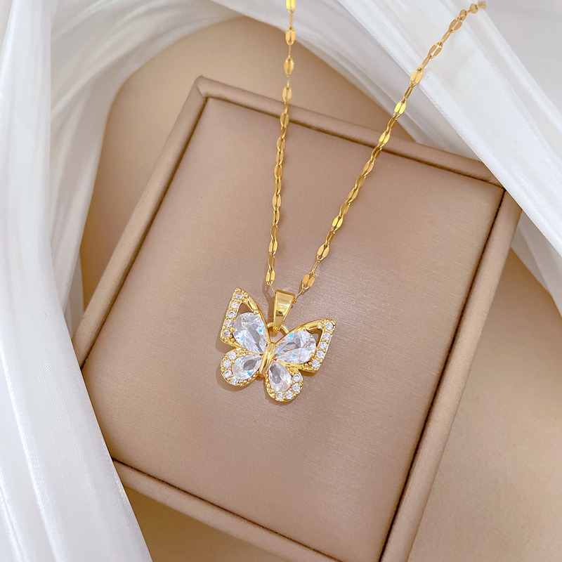 【钛钢】锆石蝴蝶项链耳环套装轻奢微镶个性气质宴会耳饰项饰组合详情20