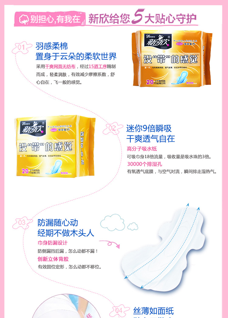新欣绿茶柔薄卫生巾干爽透气网面日用20片240mm姨妈巾详情7