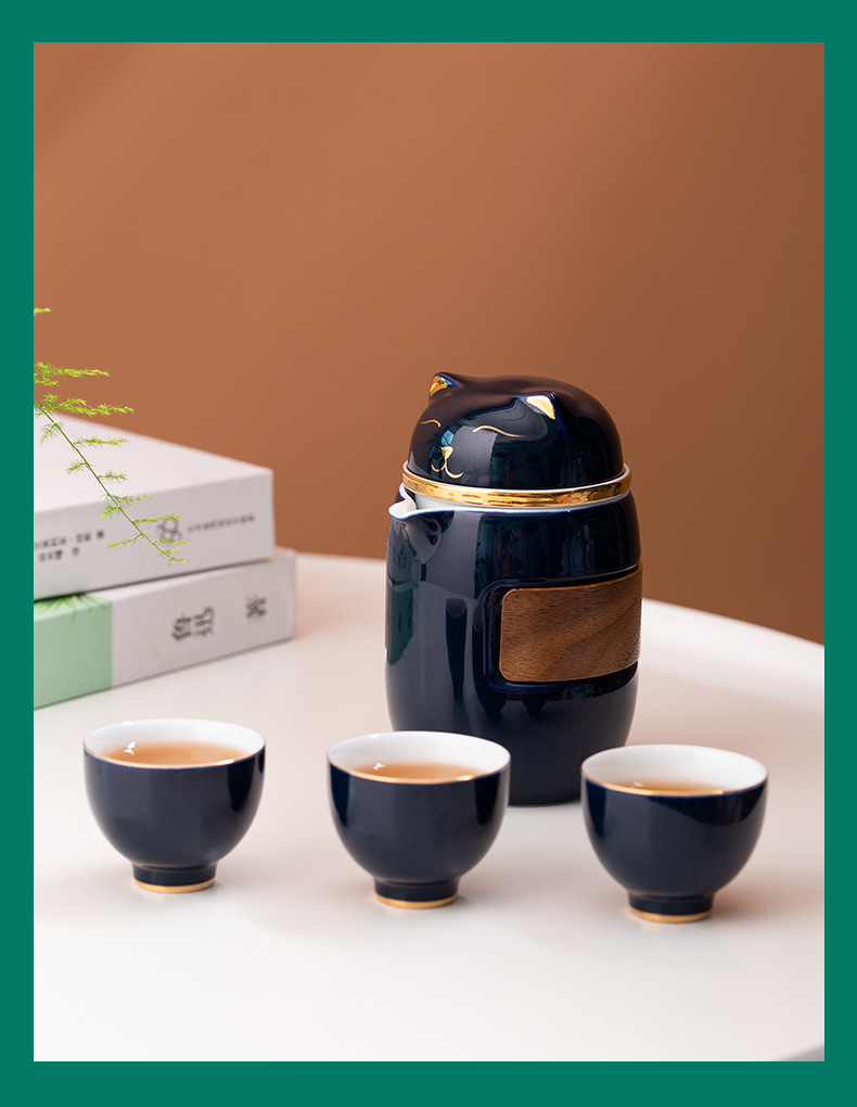 【 Maneki Neko 】 Quick Guest Cup Ceramic Travel Tea Set, one pot, three cups Gongfu tea set, portable and easy to carry for tea brewing pic 13