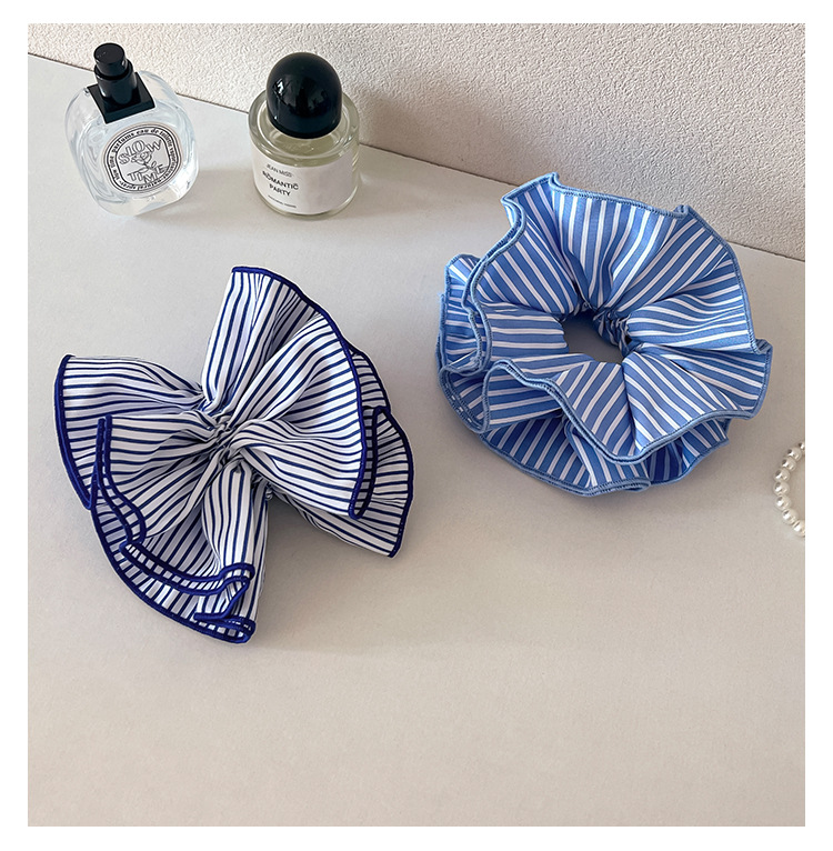 韩式蓝色条纹双层大肠发圈女时尚低马尾发绳学院风头绳皮筋头饰品详情10