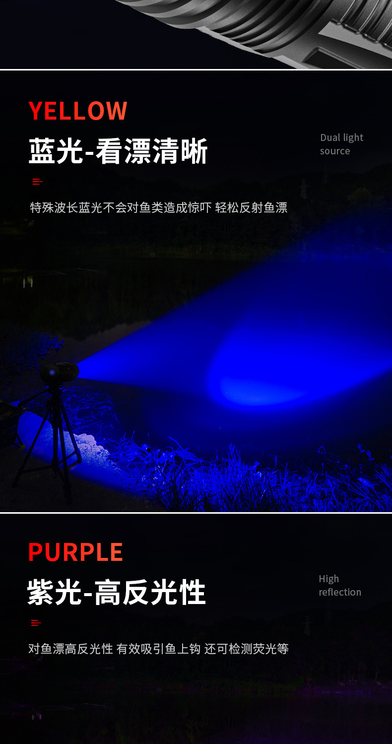 强光夜钓灯钓鱼灯变焦蓝白紫黄光大功率夜光台钓手电筒详情8