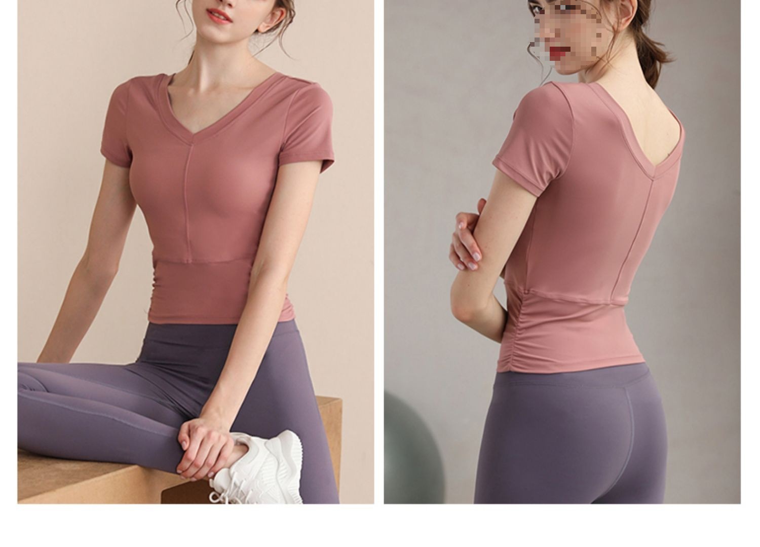 瑜伽服女上衣V领夏季带胸垫专业健身房运动短袖套装跑步T恤高级感详情9