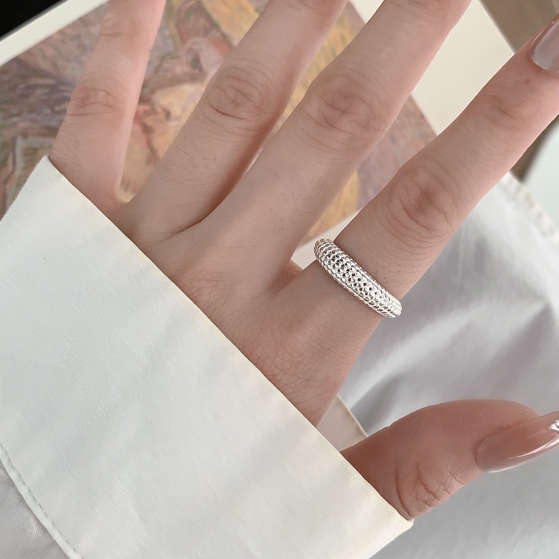 Korean version S925 sterling silver 11.20ins niche design sense round bead ring, Korean fashionable INS style texture ring, adjustable pic 3