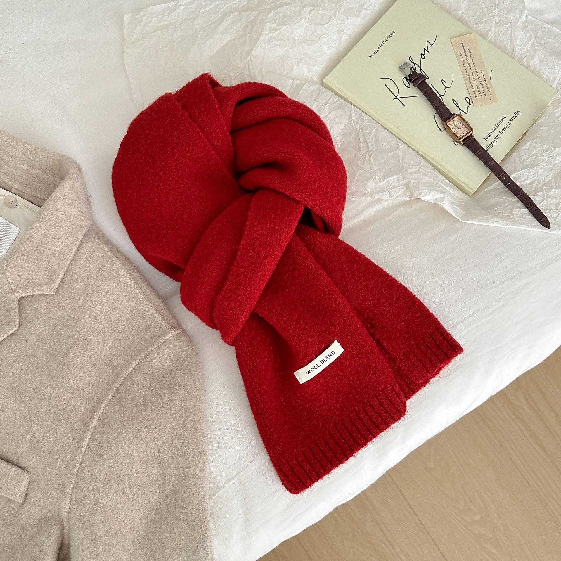 Solid-color wool blend scarf for women, autumn and winter, knitted woolen, warm, Korean-style, versatile, fashionable, fresh and sweet neck pic 32