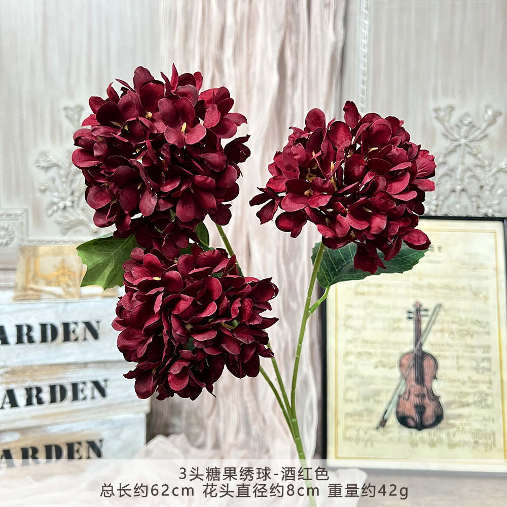 仿真3头糖果绣球假花婚庆用花束手工花艺婚礼堂造景diy花墙地排花详情12
