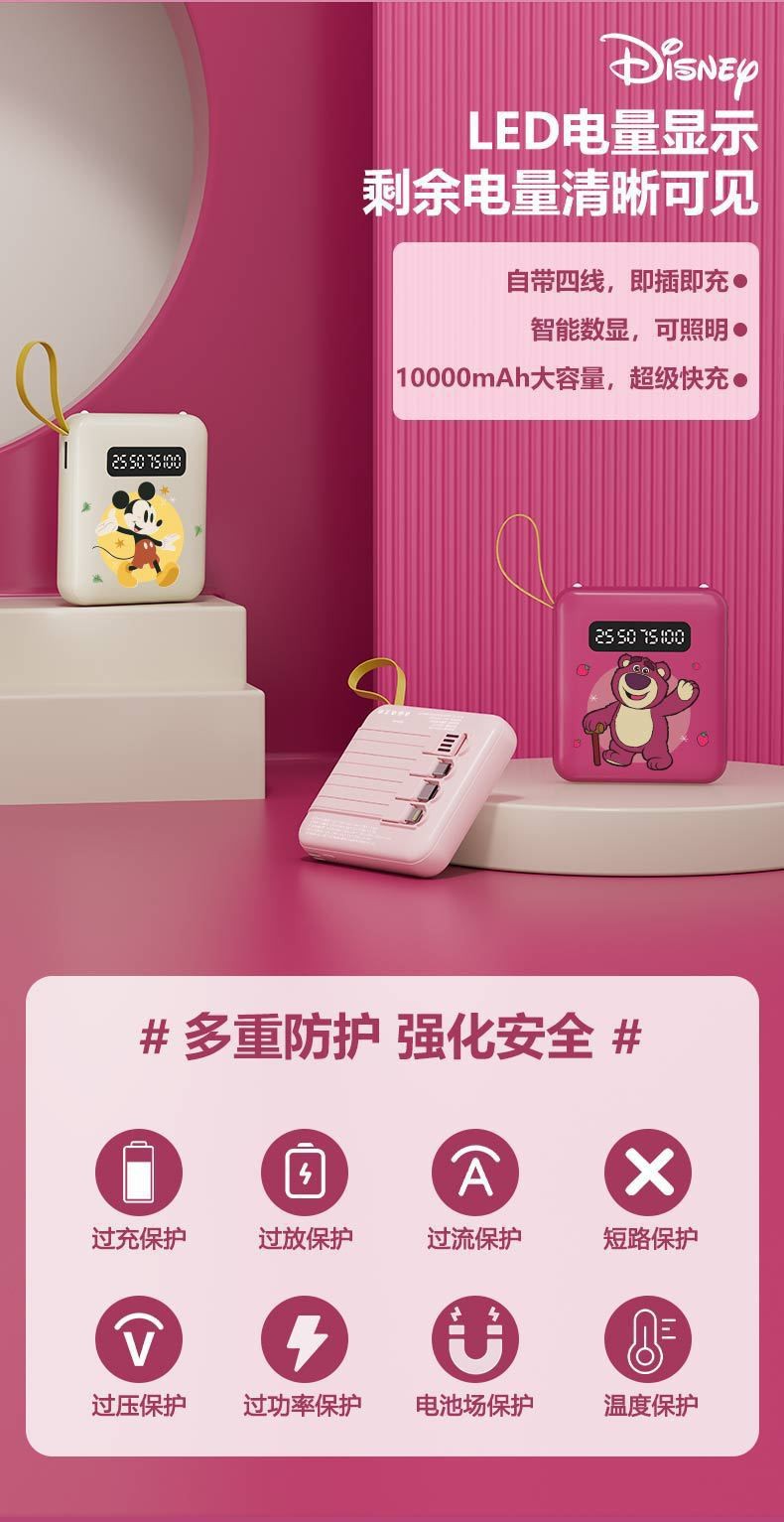 IDEO充电宝迷你便携1W毫安大容量快充带线四接口袋快充移动电源迪士尼授权工厂批发价格详情10