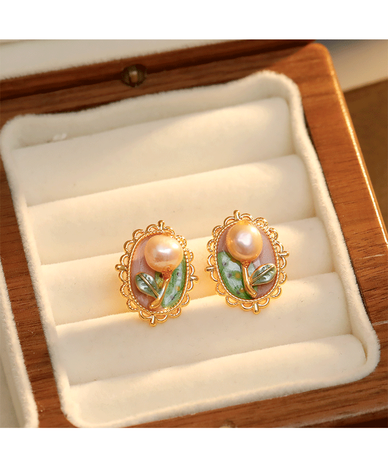 Hyacinth diseño original nuevo estilo chino China China pintura al óleo serie esmalte goteo pendientes de esmalte de cuatro hojas pendientes de perlas de agua dulce para mujeres orejeras de latón hebillas de oído pic 7