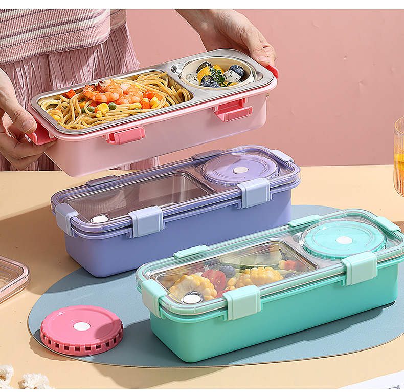 密封带扣轻食304不锈钢餐盒两格带碗可加热上班族便携式便当盒详情14