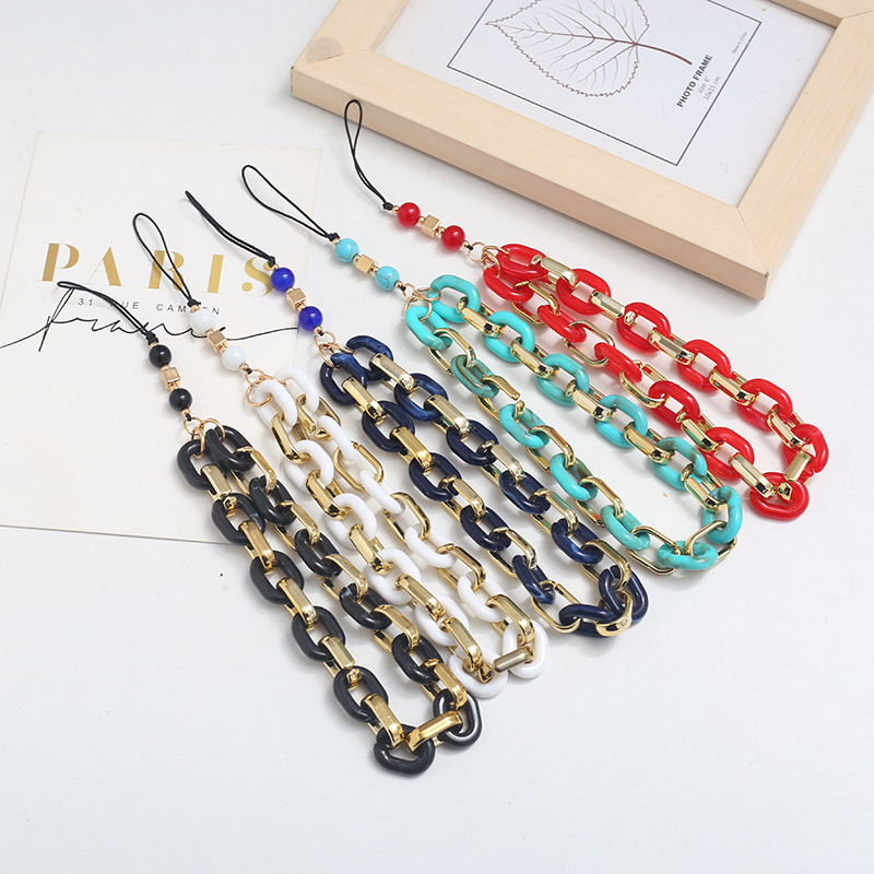 厂家直销时尚新款亚克力手机链条复古混金编制玉石百搭手机绳女详情2